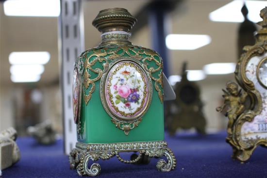 A 19th century French gilt metal mounted glass scent bottle, inset with painted and enamelled plaques, height 13cm